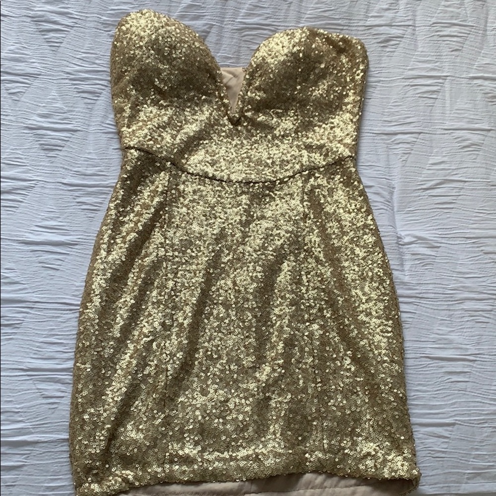Strapless gold sparkly dress